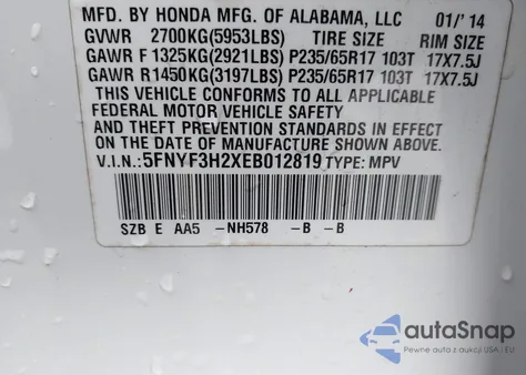 2014 Honda Pilot Lx z USA, uszkodzony, nr VIN 5FNYF3H2XEB012819